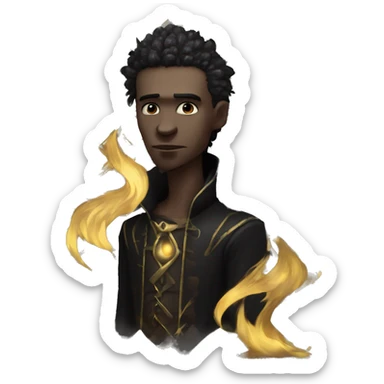 Hamlet young skinny sad man iridescent hair wearing raven feathers with a gilded hourglass and golden flames yin yang chess board sticker