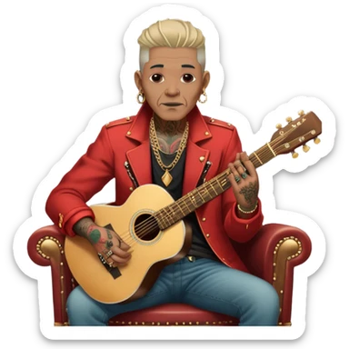 Icon for Chanson: Old chanson singer with tattoos, red jacket, gold chains, sitting on a chair with an acoustic guitar. The atmosphere should reflect a nostalgic, soulful vibe with vintage elements. Transparent background. sticker