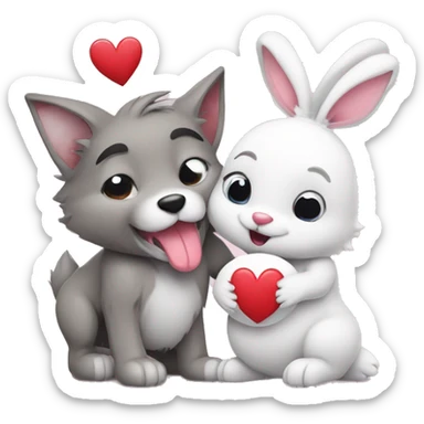 Old Wolf kiss a white Bunny who has pink ears, with big red heart between them. Heads only, with no body  sticker