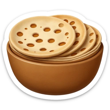 A flat, emoji-style illustration of a warm brown bowl filled with stacked round rotis (Indian flatbreads), slightly toasted with light brown spots. Soft rounded shapes, minimal details, subtle highlights, no outlines, centered composition, transparent background, modern app emoji style. sticker