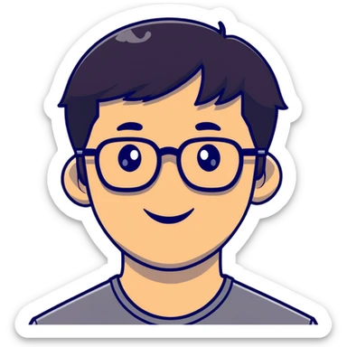 Asian man with short black hair, glasses, friendly smile, Josh Lim character sticker