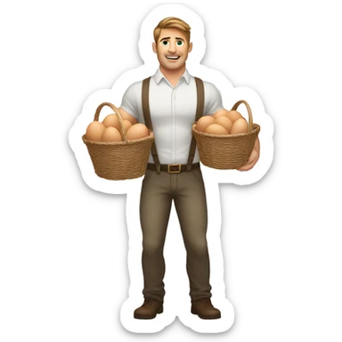 Buff white man with brown hair holding two baskets with a ton of eggs sticker