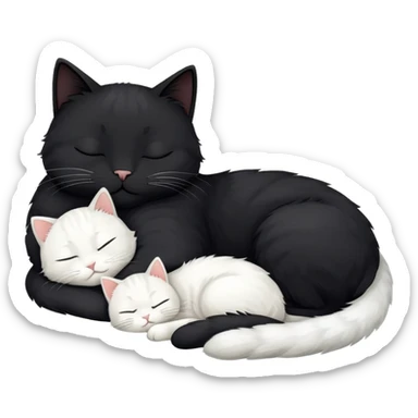 Big black cat is sleeping with a small white cat sticker