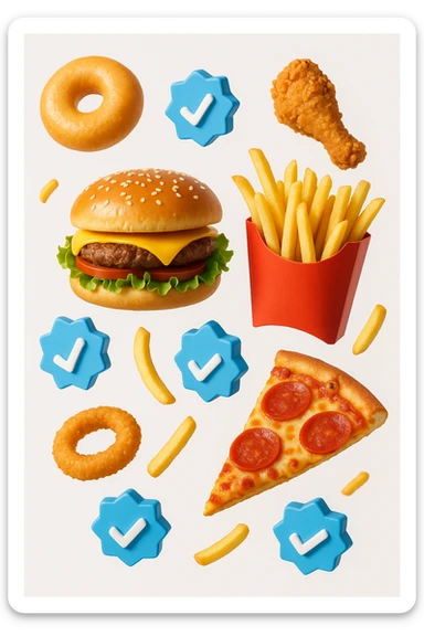 fast food realistico fluttua in aria insieme a spunte di verificato in 3d, sfondo bianco sticker