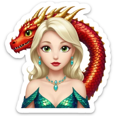 A gorgeous woman with dragon features with glittering jeweled scales covering her body. She has large almond shaped eyes, lush lips, and she wears a stunning luminescent gown. sticker
