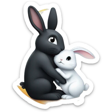 Black rabbit hugging white rabbit with moon behind them sticker
