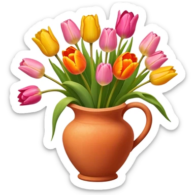 Bouquet of orange, pink, and yellow tulips in terracotta vase sticker