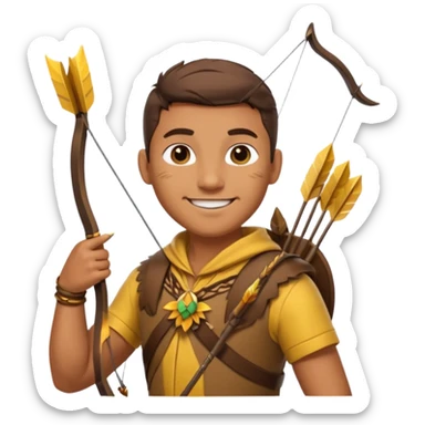 The classic hunter image with a bow and arrow on his back, dressed in brown yellow with some animal made decorations on his clothes sticker