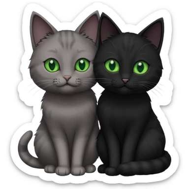 1 grey cat with green eyes and 1 black with green eyes cat cuddling sticker