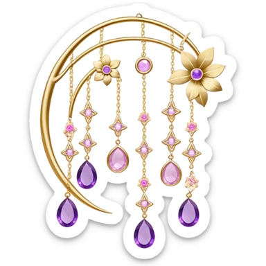 Epic Hanging gold suncatcher, threads with shiny sparkly amethyst and rose-quartz gemstones, flowers, crescents-moons sticker
