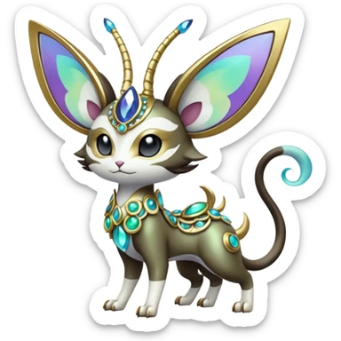 Shiny Horned Antenna’d Colorful Futuristic Ornate Oriental Painted Asian Fae-Vernid-Trico-Meloetta-Latias-Koraidon-Peppercat-Protogen-Pokémon-Digimon-Fakémon-fusion-hybrid-creature sticker