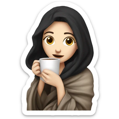 Pale girl with dark hair cozy in a blanket sipping coffee  sticker