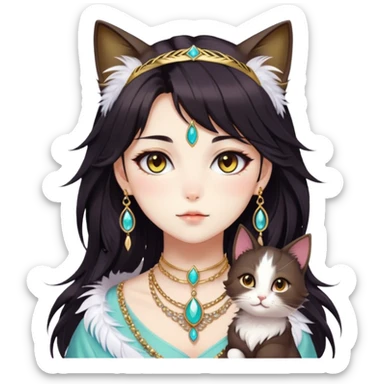 Beautiful gorgeous anime cat-lady with beautiful dark-brown-special-hair, fashion aesthetic, ethereal, feather, accessories, gold jewelries, gold, colorful,  sticker