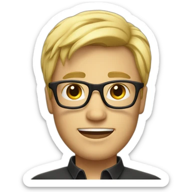 a man with blond hair with black glasses with very small smile sticker