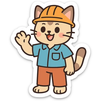 anime style cat worker wearing an orange helmet sticker