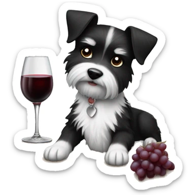small black and white terrier with medium fur length sitting at a table drinking wine sticker