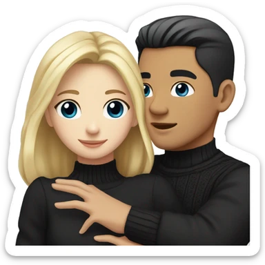 Blonde girl with blue eyes in black sweater and asian man with black hair and black eyes hugging sticker