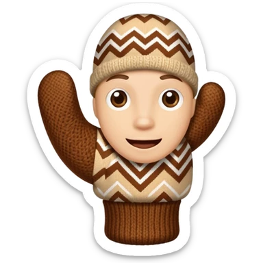 thumbs up fist in brown knit mitten with zig-zag beige pattern, no face sticker