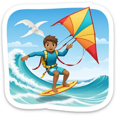A kite surfer soaring above the waves, holding onto a kite with the wind in full force. The background showcases the ocean and sky, emphasizing the freedom, thrill, and energy of the sport. The motion of the kite and board is dynamic, capturing the excitement of kiting. sticker