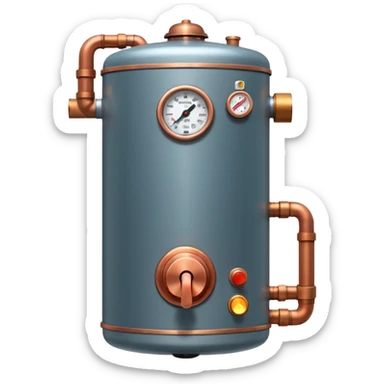 3D Pixar-style water heater unit with copper pipes and control knob, emitting a warm glow, realistic textures but friendly tone, front-facing, isolated on white

 sticker