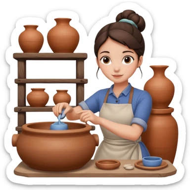 Brunette girl with bun, behind pottery wheel sticker