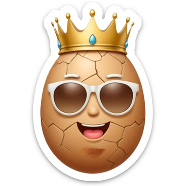 a funny, proud cartoon-style egg character wearing sunglasses and a small broken crown, solid orange background. sticker