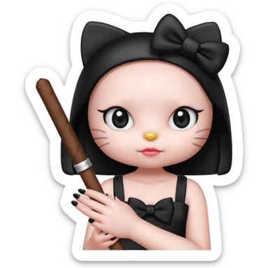 hello kitty with a blunt in a hand with long black nails and a black bow sticker