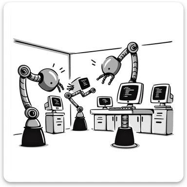 A robotics lab with mechanical arms and old CRT monitors sticker