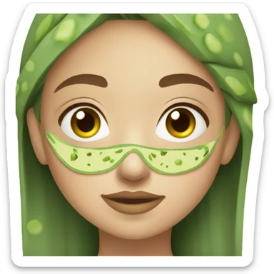 Girl with freackles Brown hair and white skin wears skin care mask Thats Green and pickle on her closed eyes sticker