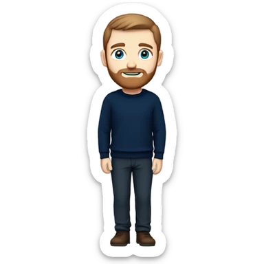 irish man blue eyes, brown short hair and short beard, wearing a smart navy blue jumper. full body. sticker