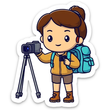 hiking woman with brown hair holding a video camera sticker