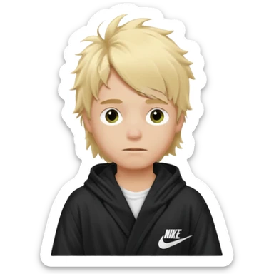 Create a blond boy with long, messy hair, light eyes, a white t-shirt, rich, with long hair, blue eyes, medium-length, voluminous hair, wearing a black Nike bathrobe and a little blush near his nose. and with a balaclava sticker