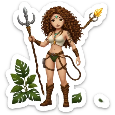 full body woman long curly brown hair brown eyes white skin tattoos muscular build jungle treasure hunter outfit, vine whip, glowing relic sticker