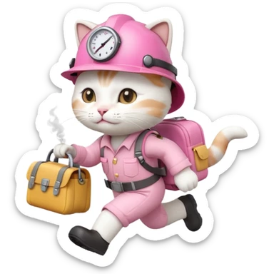 A cute white and pink cat dressed as engineer with a white helmet running very fast carrying her cute bag Leaving a trail of smoke sticker