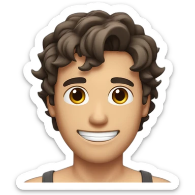 white guy with wet dark brown hair and brown eyes smiling with his mouth closed and shirtless with slightly muscles sticker