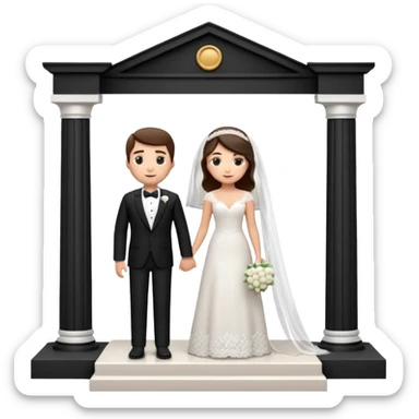 A 3D cartoon courthouse wedding venue with a bride and groom standing at the entrance, elegant white columns, soft natural lighting, simple modern decor, minimal background, realistic Memoji-style rendering. sticker