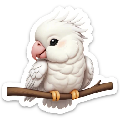 Meme-Worthy Cute Sleeping Cockatoo Portrait Emoji, Head resting peacefully with a contented smile, showcasing a softly feathered body with a gently drooping crest and eyes closed in serene slumber, Simplified yet adorably endearing features, highly detailed, glowing with a soft, drowsy tropical light, high shine, relaxed and utterly lovable, stylized with an air of playful laziness, soft glowing outline, capturing the essence of a sleeping cockatoo that feels destined to become the next viral icon of adorable rest! sticker
