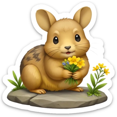 small round mountain pika on all fours, holding flowers in its mouth sticker
