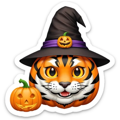 tiger face in Halloween costume with pumpkin and witch hat for Twitch emote sticker