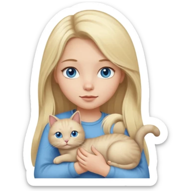 blonde girl with long blonde hair and blue eyes with chubby gray cat sticker