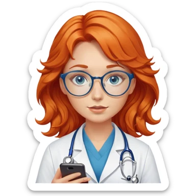 Girl doctor wavy orange red hair blue eyes in gold glasses and phone  sticker