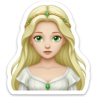 Desdemona from Otello with white skin, green eyes, long blonde hair, white outfit sticker