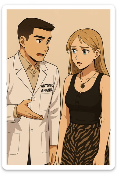 fai un webtoon/manga a colori con questo kinesiologo in camice bianco (fagli la scritta "ANTONIO ANANIA" SUL CAMICE) CHE PARLA CON QUESTA RAGAZZA CON GLI OCCHI AZZURRI. la ragazza gli fa una domanda preoccupata e IL KINESIOLOGO CON IL CAMICE BIANCO LE risponde. NON FARE I FUMETTI, FAI SOLO LORO COME SE DIALOGASSERO sticker