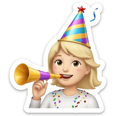 smiling face wearing a party hat, blowing a party horn, with confetti around sticker