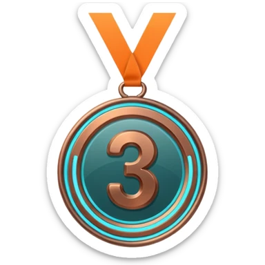 medal number 3, minimalistic bronze transparent glass 3d neon glowing sticker