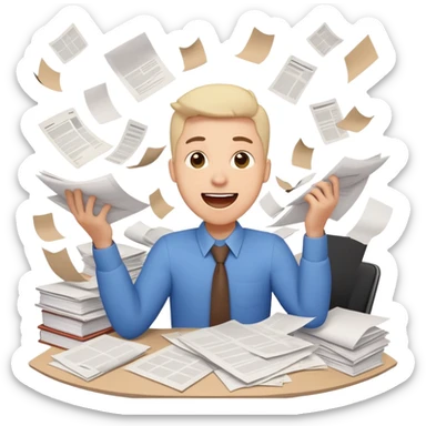A person with a happy excited face but also looking stressed and overwhelmed, papers flying everywhere, surrounded by work items, half celebrating success and half panicking about deadlines sticker