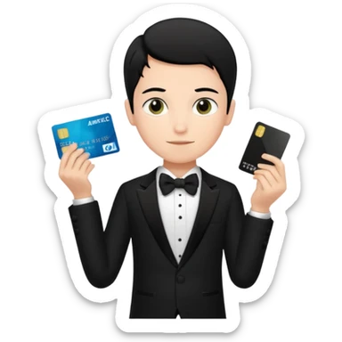 make a genmoji of a boy with a an amex card in hand and wearing a tux, black hair sticker