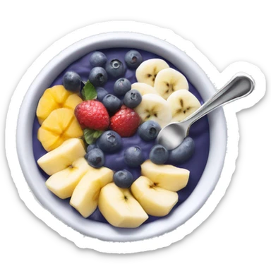 a neutral açai bowl with a silver spoon. The bowl is filled with a smooth, white açai mixture topped with various fruits like blueberries and bananas. The silver spoon rests gently on the side of the bowl, adding a touch of elegance to the design." sticker