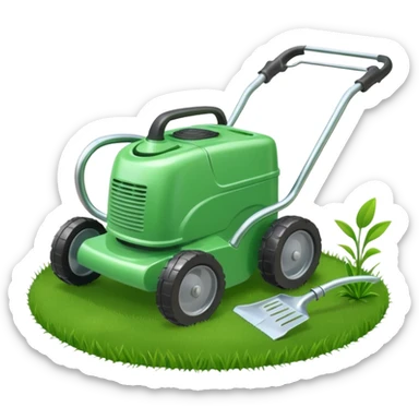 Lawn mower and watering can grouped together with a few grass clippings sticker