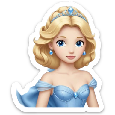 Cinematic Realistic Cute Cinderella Portrait, featuring fair, luminous skin with finely detailed texture and softly lit golden-blonde hair cascading in gentle waves. Her warm, inviting blue eyes sparkle with youthful charm and curiosity, while her classic, elegantly draped ball gown reveals meticulously rendered fabric details and natural folds. The overall composition is bathed in a gentle, realistic radiance that exudes both playfulness and heartfelt beauty. sticker